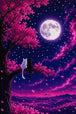 Diamond Painting mit schwarzer und weißer Katze auf einem Ast unter Vollmond und pinkem Sternenhimmel, Mockup, Pixelvorschau