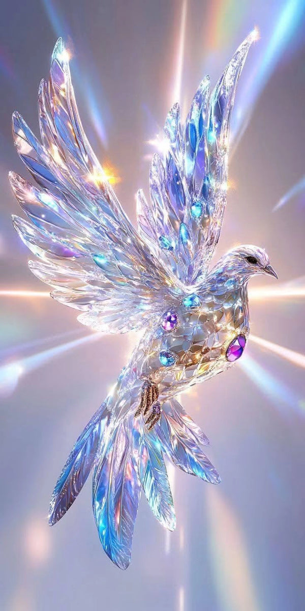 Diamond Painting mit transparentem Kristallvogel, ausgebreiteten Flügeln und blauen sowie violetten Edelsteinen