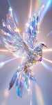 Diamond Painting mit transparentem Kristallvogel, ausgebreiteten Flügeln und blauen sowie violetten Edelsteinen