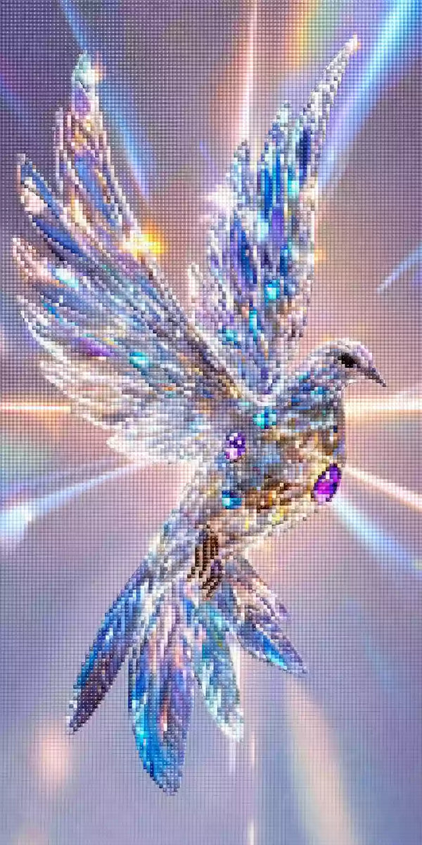 Diamond Painting mit transparentem Kristallvogel, ausgebreiteten Flügeln und blauen sowie violetten Edelsteinen Mockup Pixelvorschau
