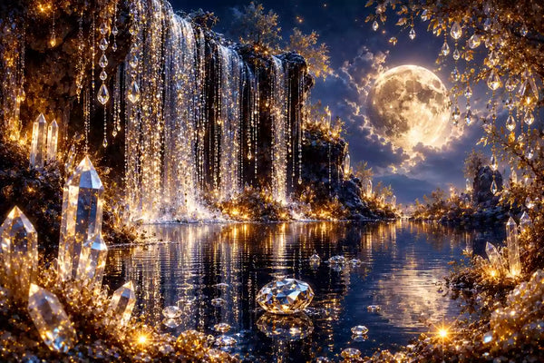 Diamond Painting mit Kristallwasserfall, Vollmond, Edelsteinen und goldenen Lichtern an einem Nachtsee