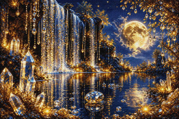 Diamond Painting mit Kristallwasserfall, Vollmond, Edelsteinen und goldenen Lichtern an einem Nachtsee Mockup