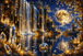Diamond Painting mit Kristallwasserfall, Vollmond, Edelsteinen und goldenen Lichtern an einem Nachtsee Mockup