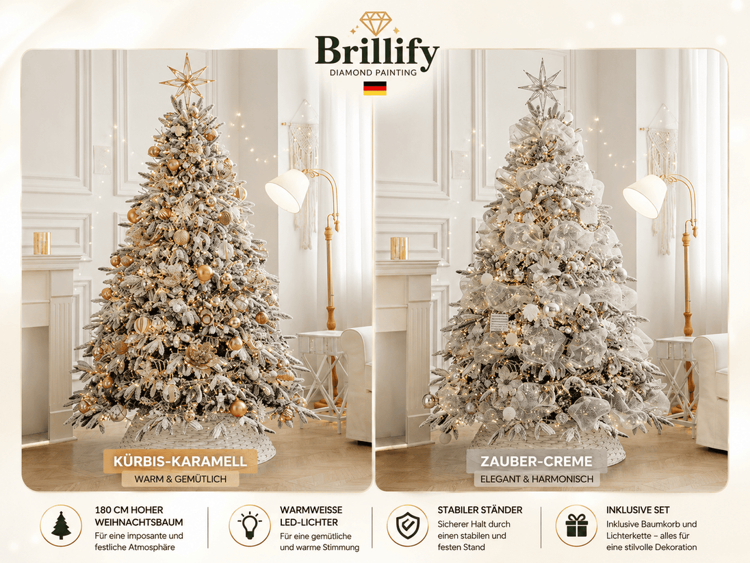 Kuenstliche Weihnachtsbaeume mit Beleuchtung in den Varianten Kuerbis-Karamell und Zauber-Creme