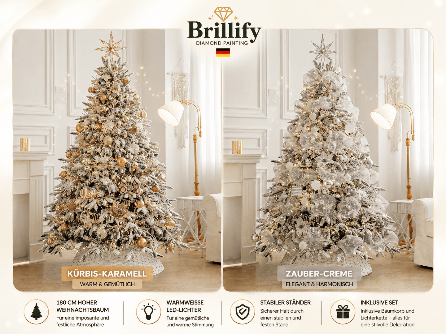 Kuenstliche Weihnachtsbaeume mit Beleuchtung in den Varianten Kuerbis-Karamell und Zauber-Creme
