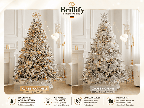 Kuenstliche Weihnachtsbaeume mit Beleuchtung in den Varianten Kuerbis-Karamell und Zauber-Creme