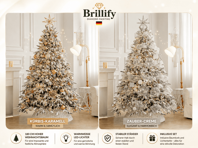Kuenstliche Weihnachtsbaeume mit Beleuchtung in den Varianten Kuerbis-Karamell und Zauber-Creme