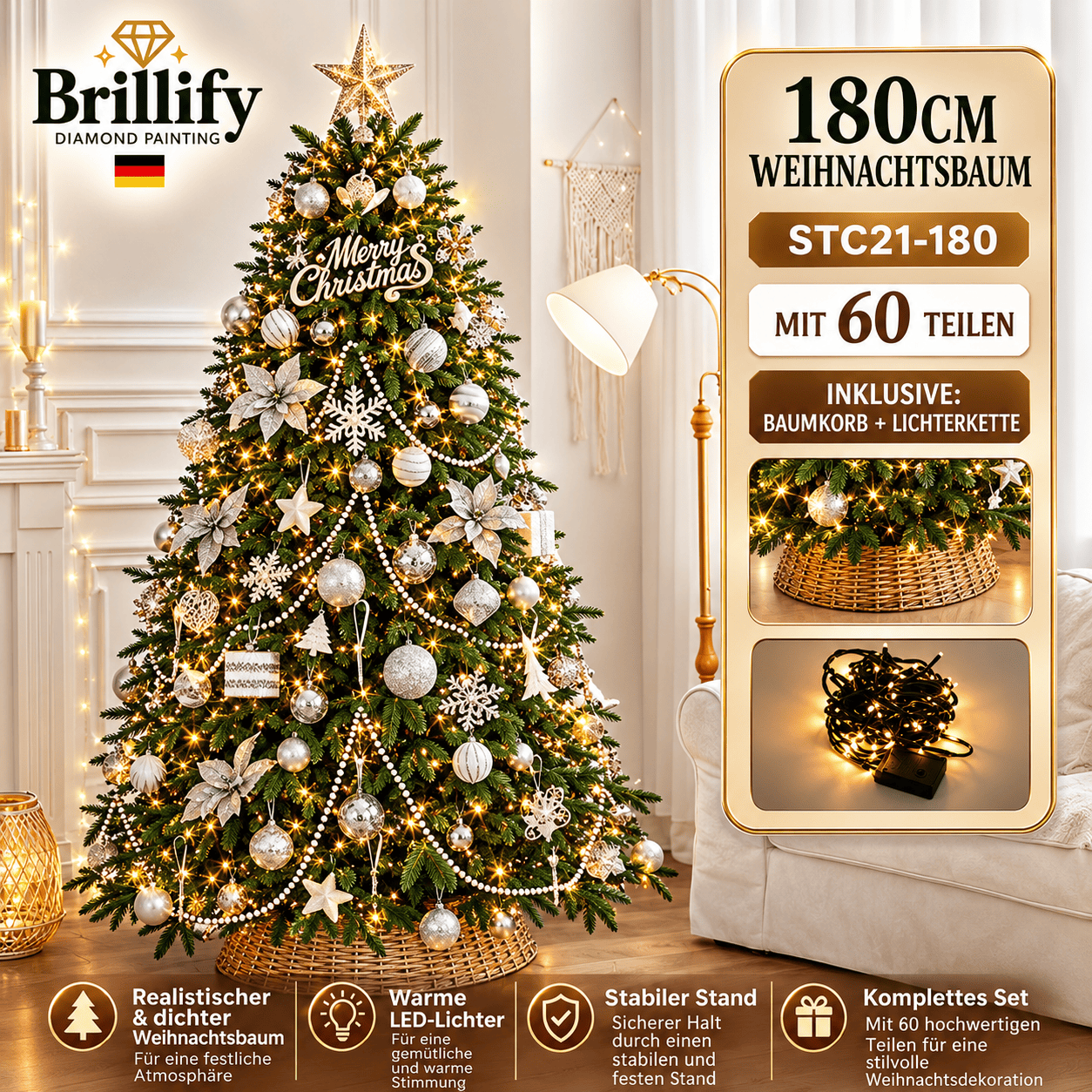 180 cm hoher kuenstlicher Weihnachtsbaum mit gold-weissen Kugeln, Schleifen und festlicher Beleuchtung