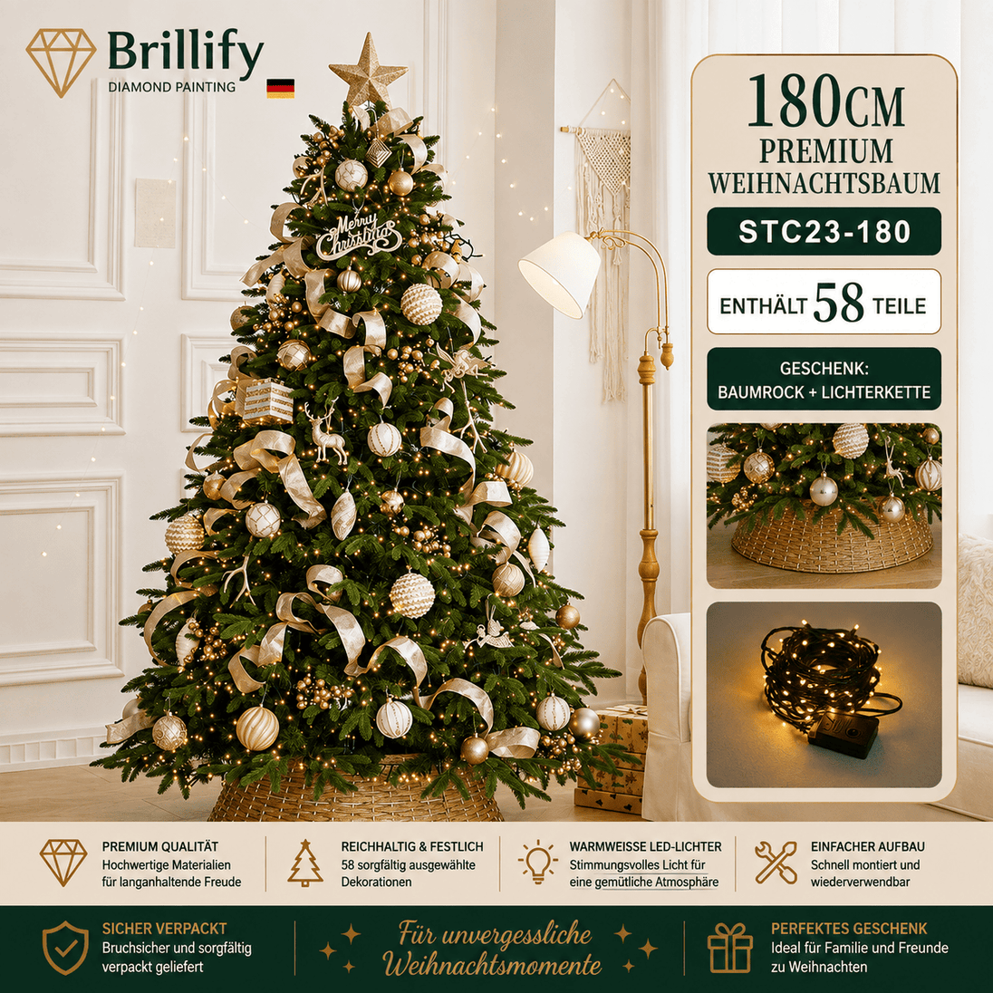 180 cm hoher Premium Weihnachtsbaum mit gold-weissen Ornamenten, Kugeln und festlicher Beleuchtung