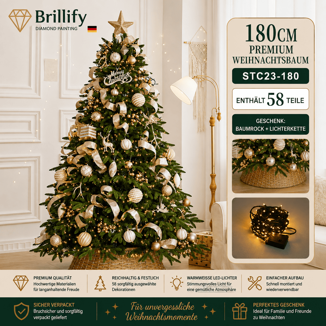 180 cm hoher Premium Weihnachtsbaum mit gold-weissen Ornamenten, Kugeln und festlicher Beleuchtung