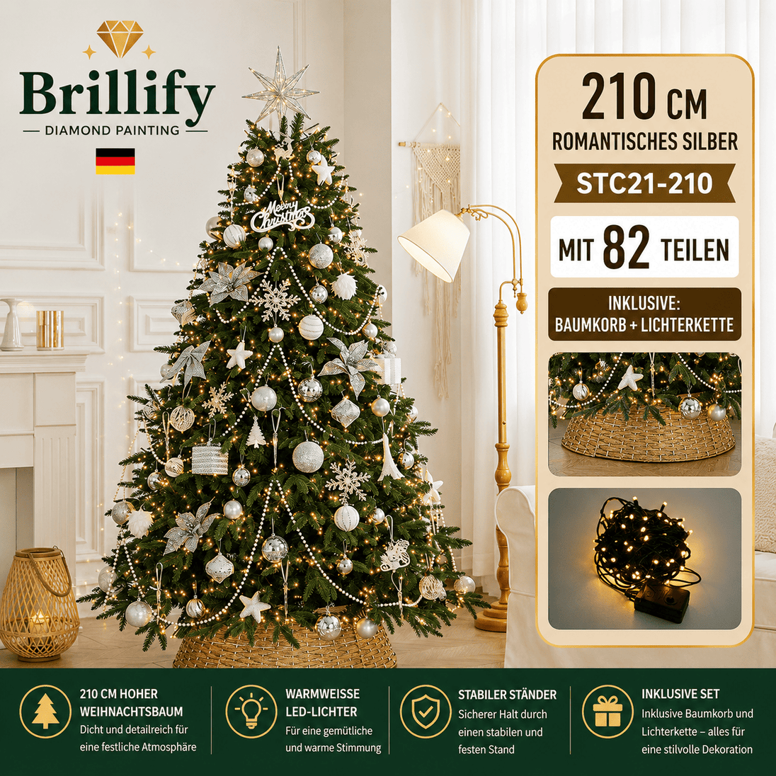 210 cm hoher kuenstlicher Weihnachtsbaum mit eleganter gold-weisser Weihnachtsdekoration und Beleuchtung