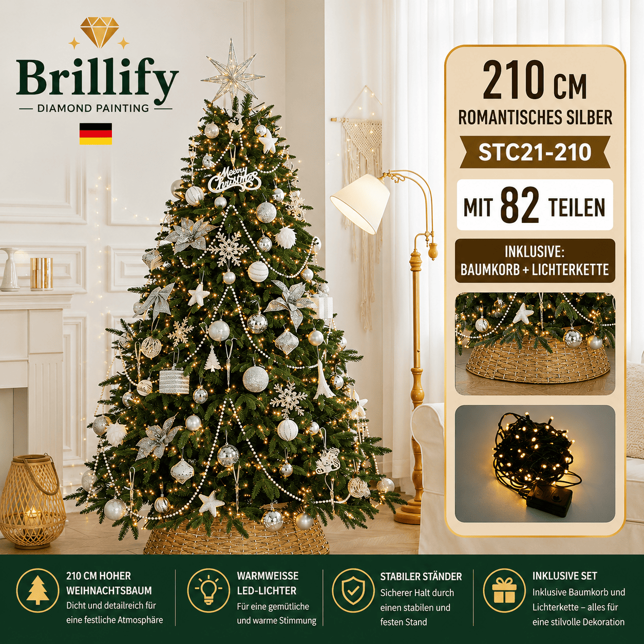 210 cm hoher kuenstlicher Weihnachtsbaum mit eleganter gold-weisser Weihnachtsdekoration und Beleuchtung