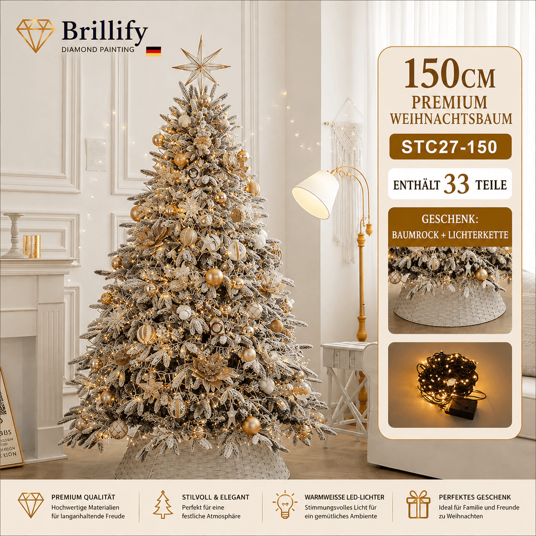 150 cm hoher kuenstlicher Weihnachtsbaum in Kuerbis-Karamell mit warmen Goldtoenen und Beleuchtung