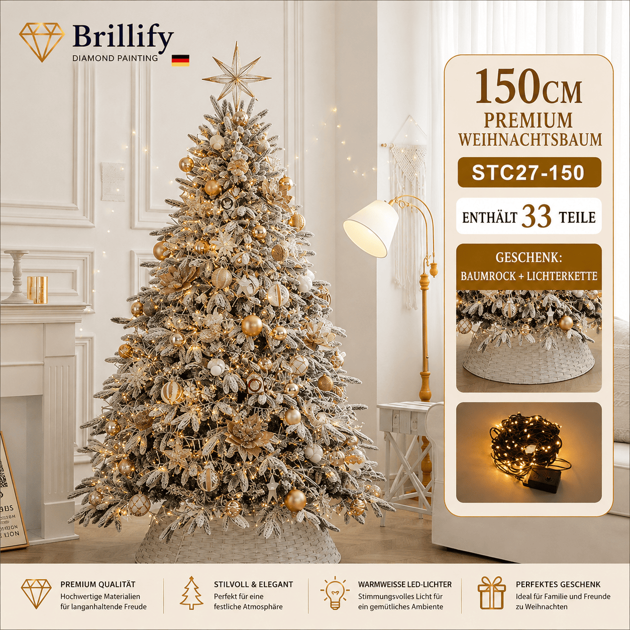 150 cm hoher kuenstlicher Weihnachtsbaum in Kuerbis-Karamell mit warmen Goldtoenen und Beleuchtung