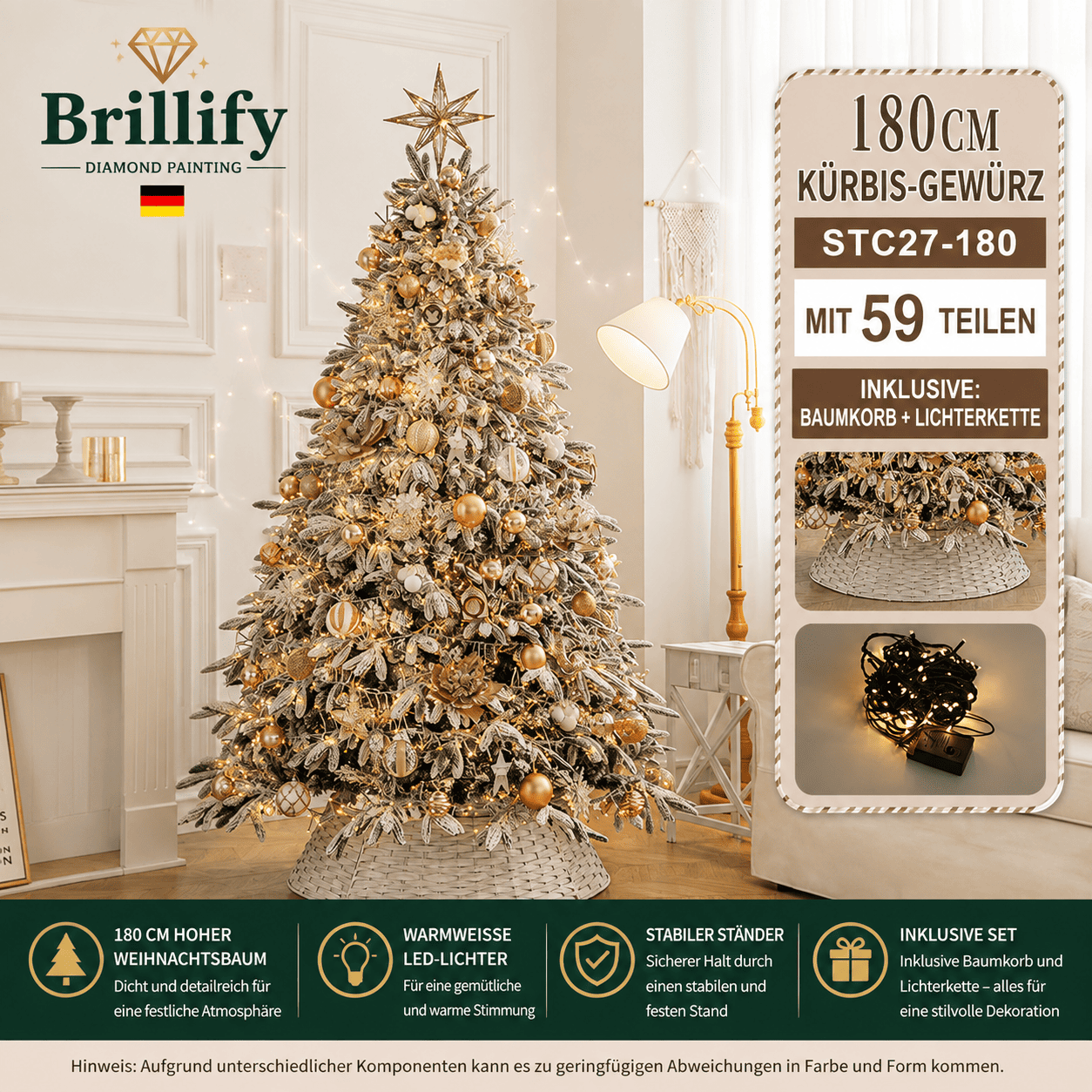 180 cm hoher kuenstlicher Weihnachtsbaum in Kuerbis-Karamell mit festlicher Dekoration und warmen Lichtern