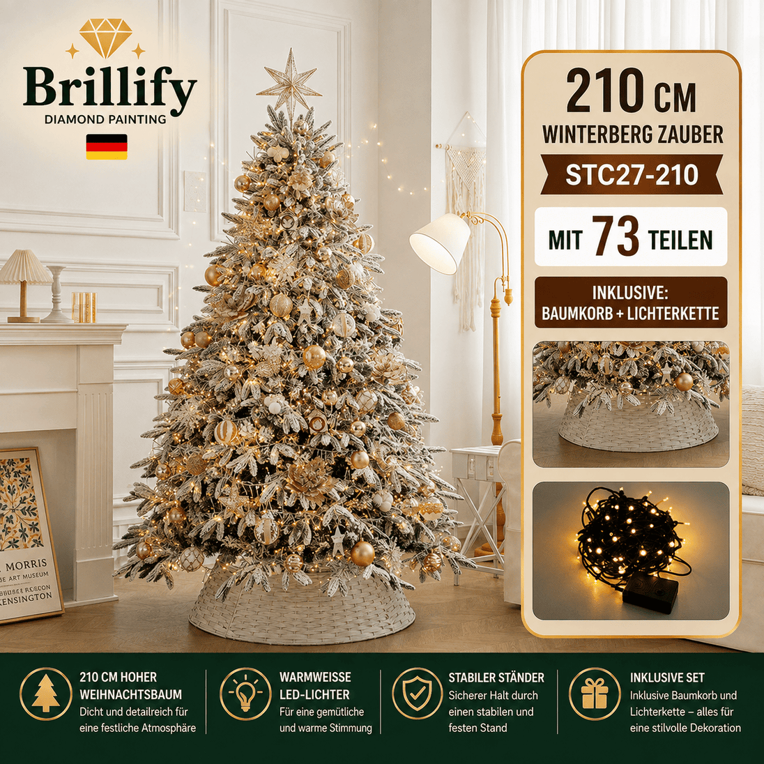 210 cm hoher kuenstlicher Weihnachtsbaum in Kuerbis-Karamell mit eleganter Weihnachtsdekoration und Beleuchtung