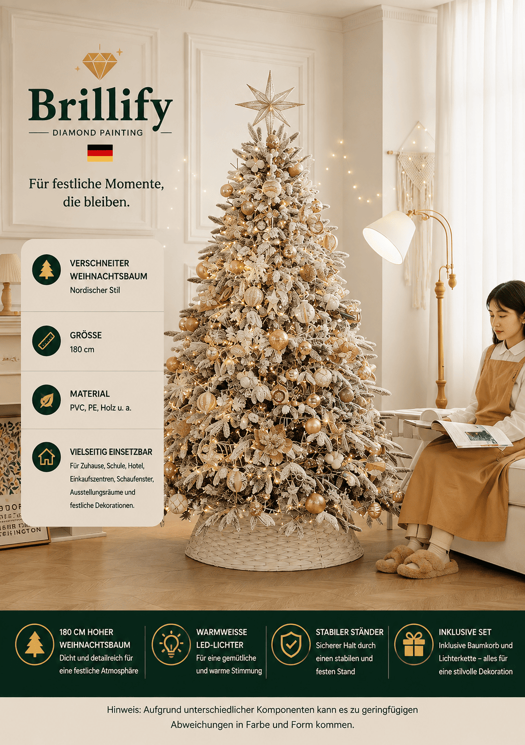 Detailansicht der Kuerbis-Karamell Weihnachtsdekoration mit goldenen Kugeln, Schleifen und Ornamenten