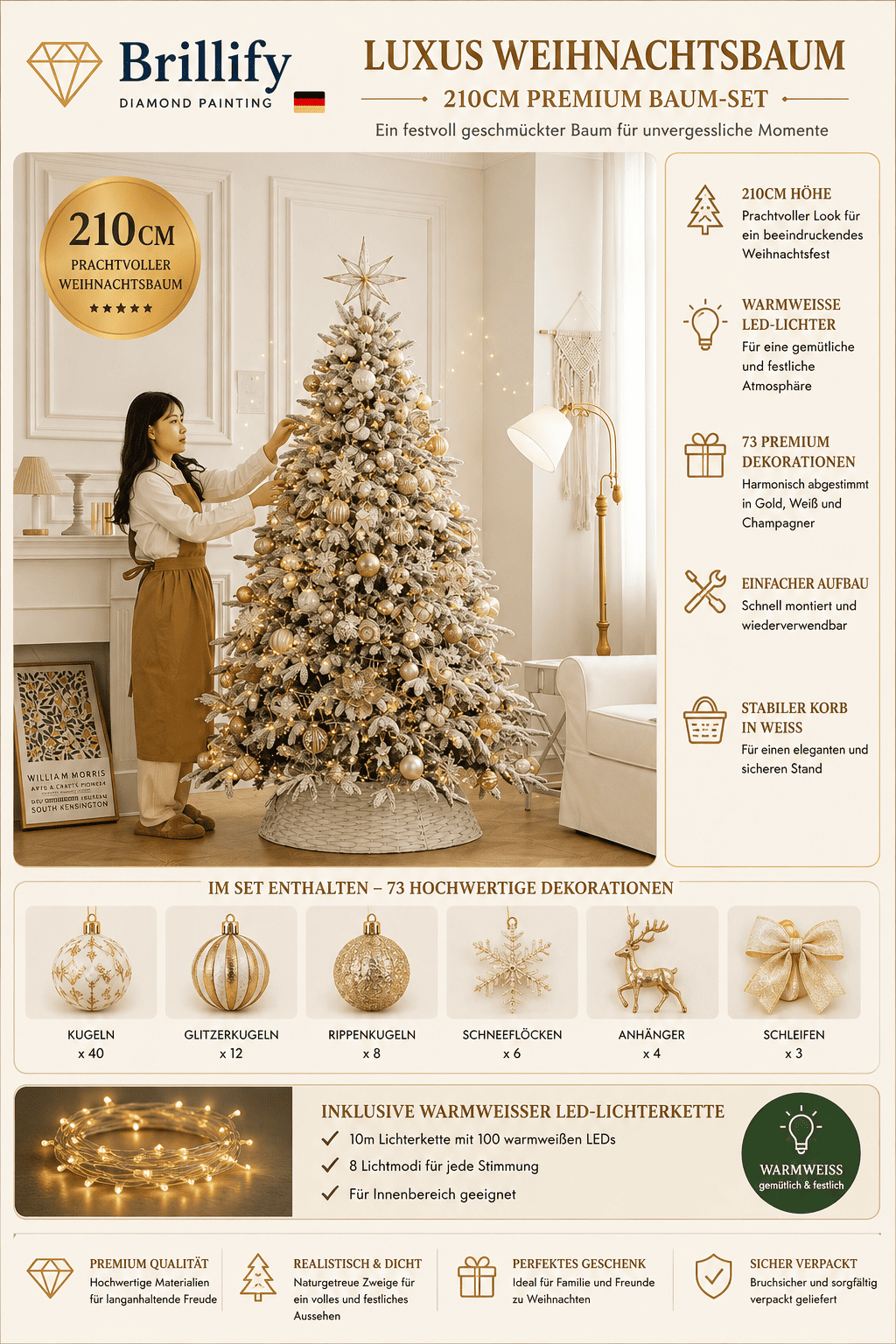 Premium Weihnachtsbaum Set in Kuerbis-Karamell mit umfangreicher Dekoration und warmweisser Beleuchtung