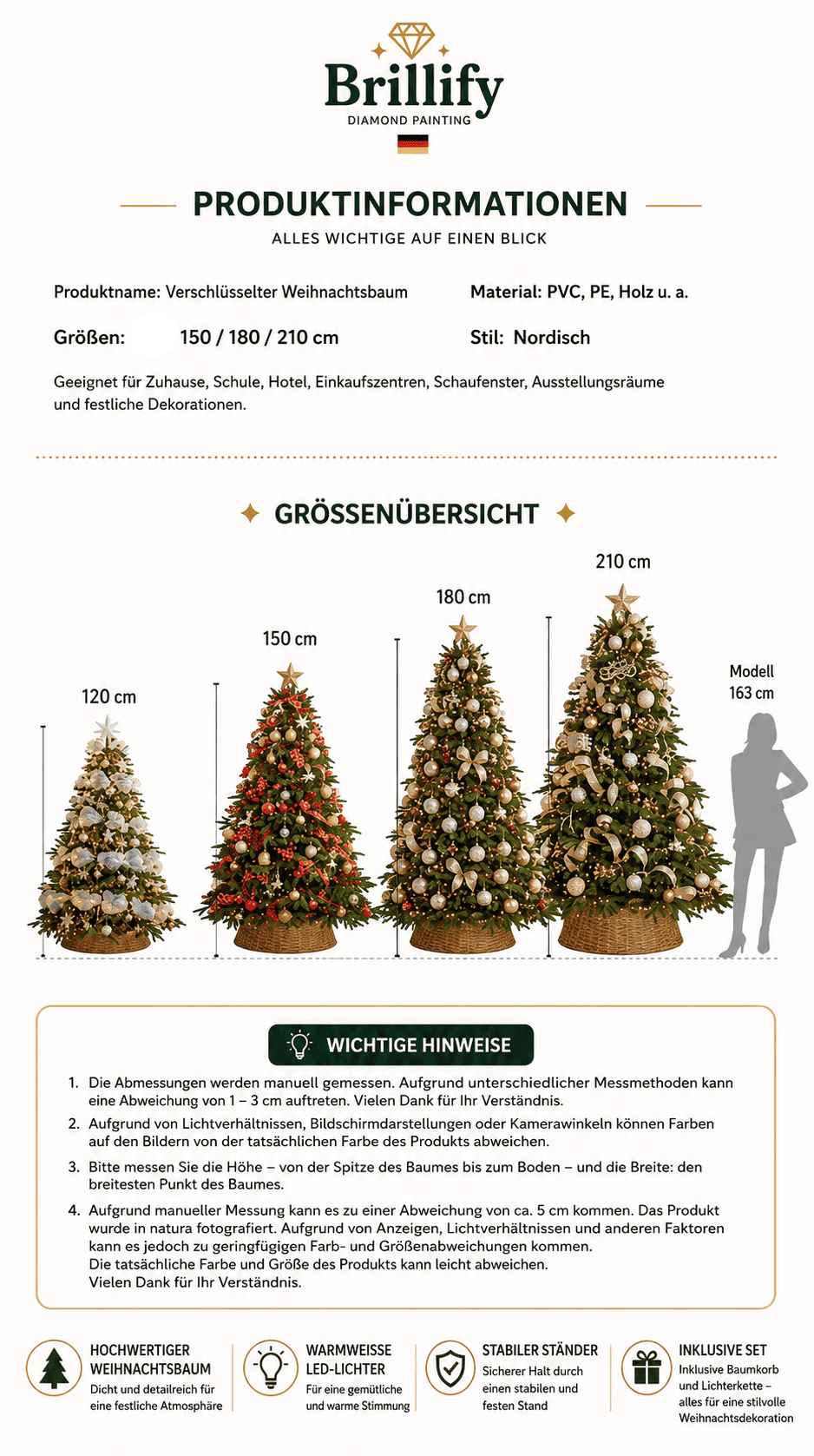 Produktinformationen und Variantenuebersicht fuer kuenstliche Weihnachtsbaeume in verschiedenen Groessen und Designs