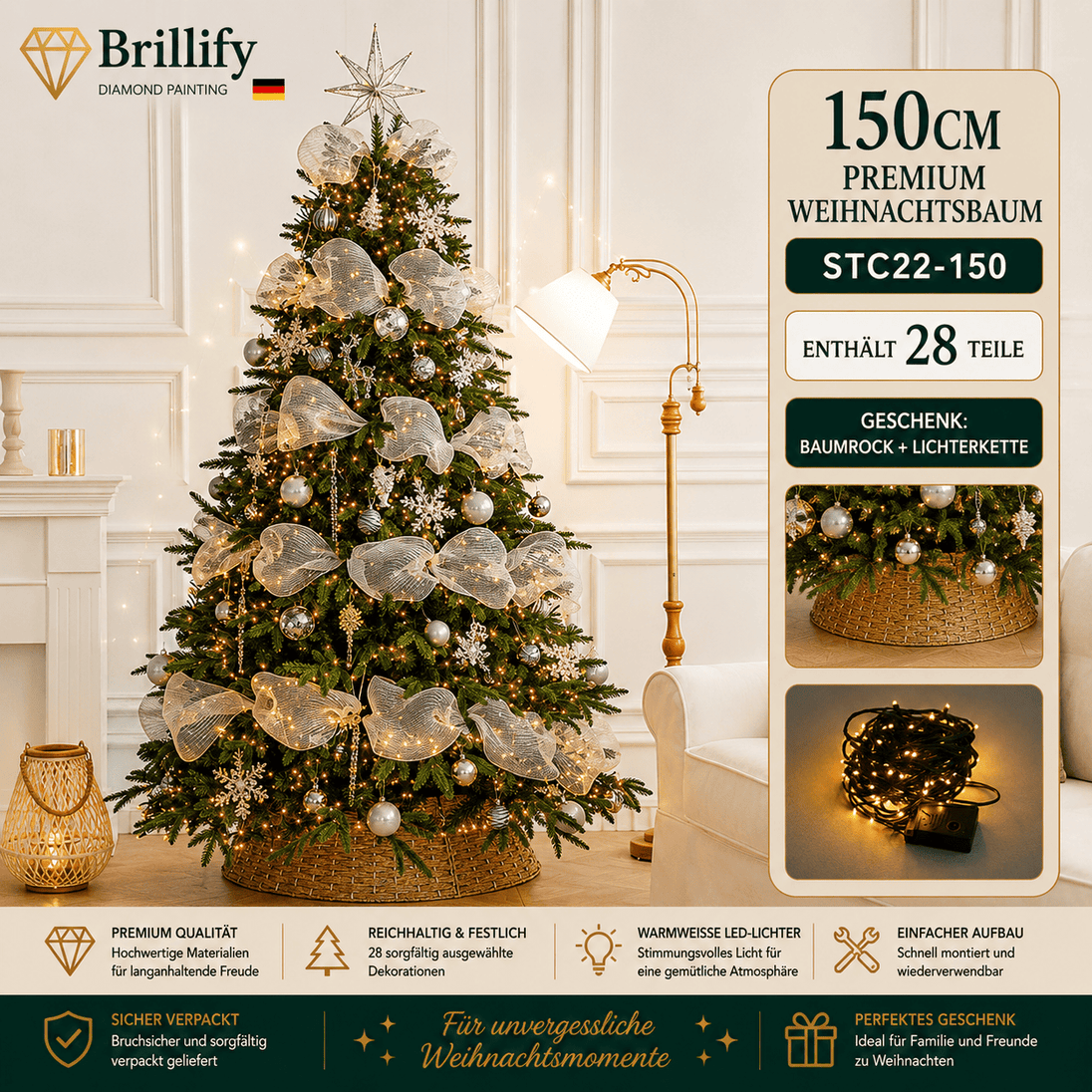 150 cm hoher kuenstlicher Weihnachtsbaum mit rosa-goldener Dekoration, Kugeln und festlicher Beleuchtung