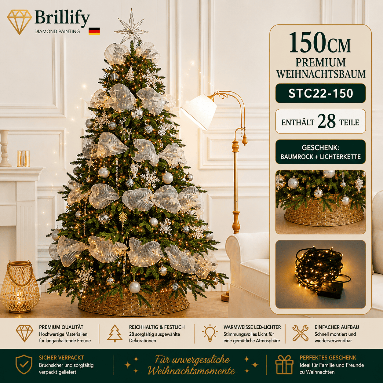 150 cm hoher kuenstlicher Weihnachtsbaum mit rosa-goldener Dekoration, Kugeln und festlicher Beleuchtung