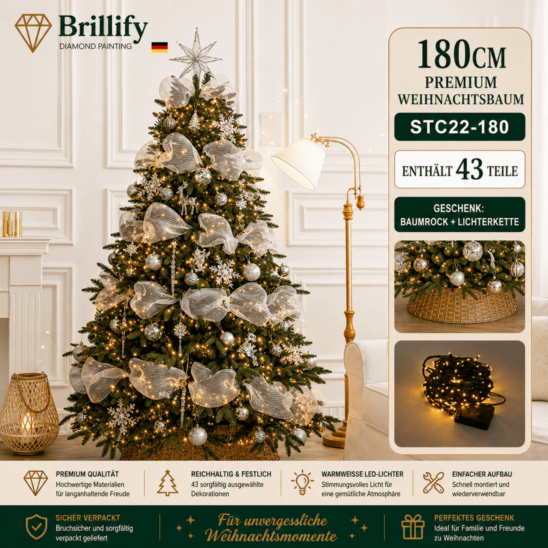 180 cm hoher kuenstlicher Weihnachtsbaum mit rosa-goldenem Baumschmuck und warmer Beleuchtung