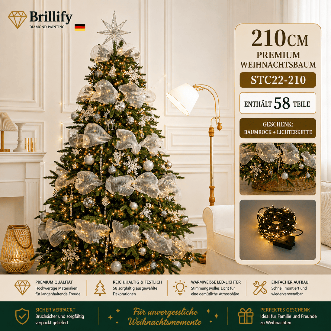 210 cm hoher kuenstlicher Weihnachtsbaum mit rosa-goldener Weihnachtsdekoration und Beleuchtung