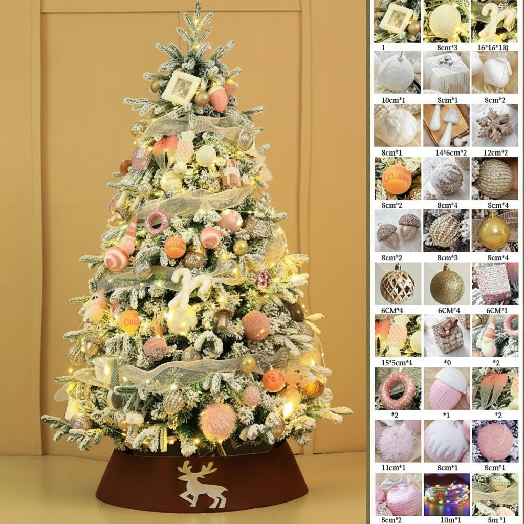 Geschmueckter kuenstlicher Weihnachtsbaum in Rosa, Gold und Weiss mit LED-Lichtern und dekorativer Baumstaender mit Rentier
