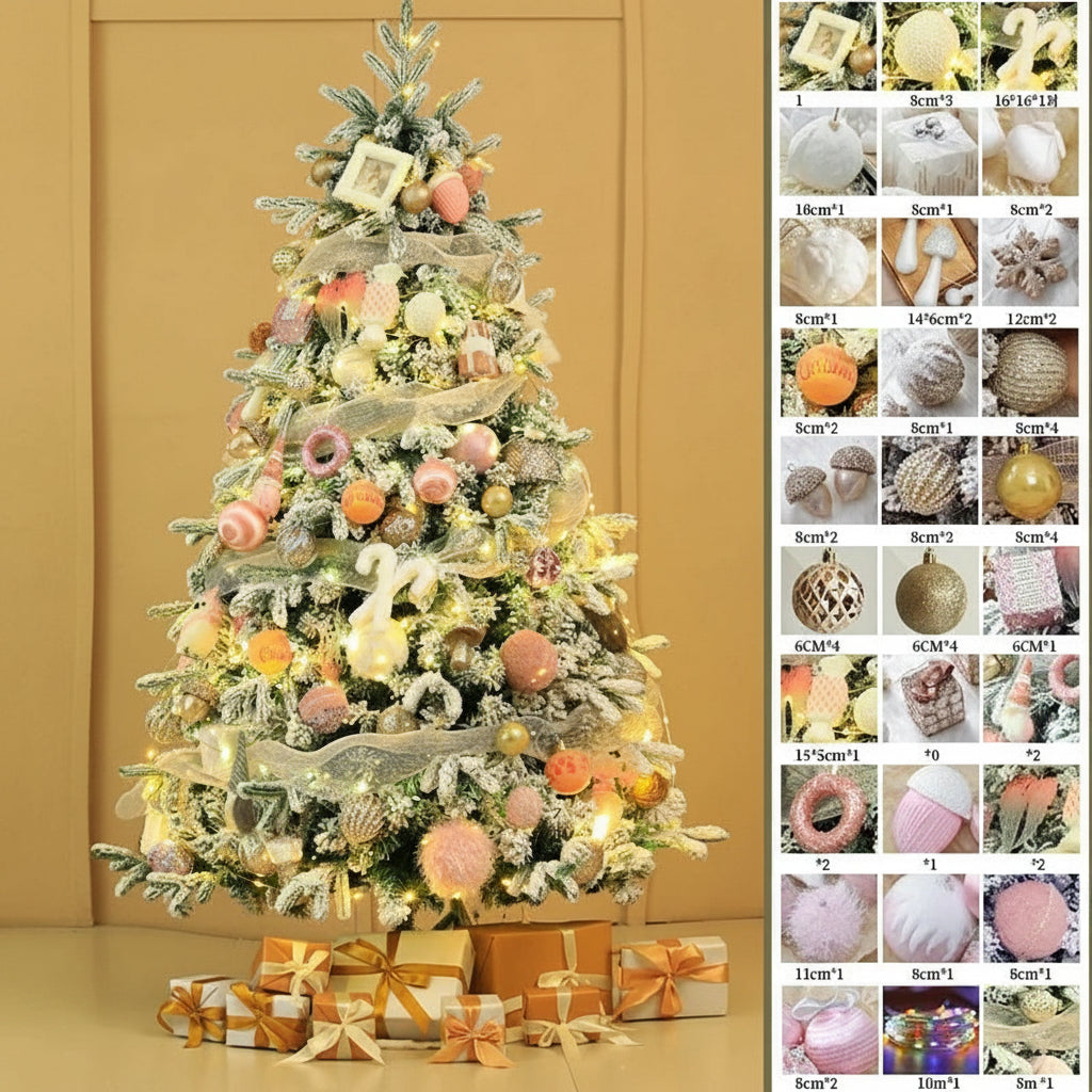 Kuenstlicher Weihnachtsbaum mit LED-Beleuchtung, rosa und goldenem Baumschmuck sowie dekorativen Geschenkpaketen