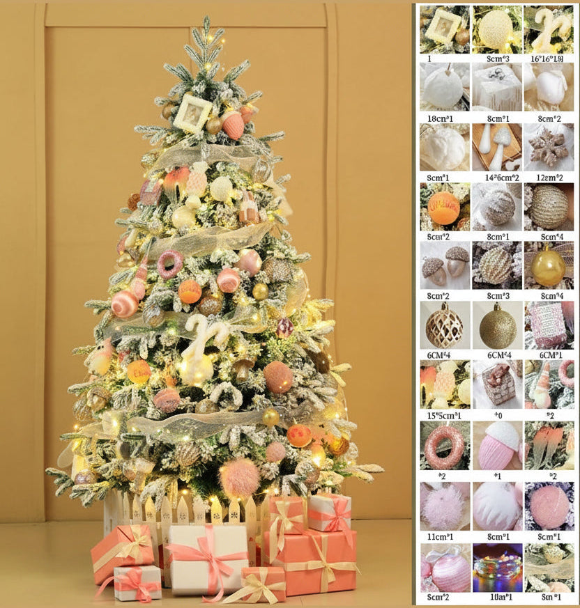 Festlich dekorierter kuenstlicher Weihnachtsbaum mit rosa-goldenen Kugeln, Schleifen, LED-Lichtern und Weihnachtsgeschenken