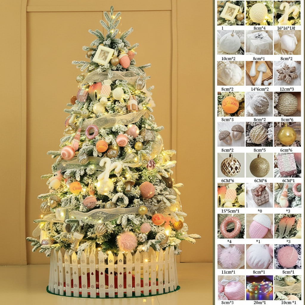 Künstlicher Weihnachtsbaum mit rosa-goldenem Weihnachtsschmuck, LED-Beleuchtung und dekorativer Umrandung