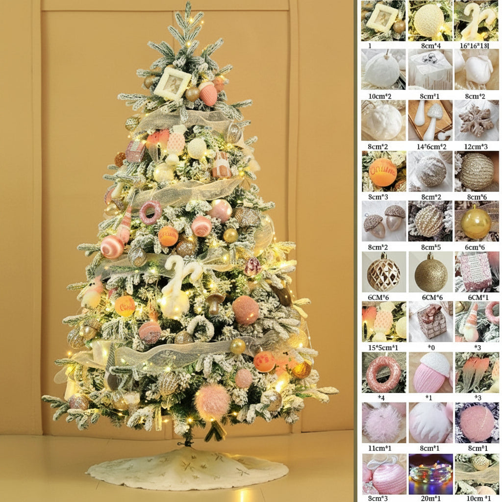 Festlich geschmueckter kuenstlicher Weihnachtsbaum mit rosa-goldenen Ornamenten, LED-Beleuchtung und hellem Baumkragen
