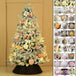Kuenstlicher Weihnachtsbaum mit rosa-goldenem Weihnachtsschmuck, warmen LED-Lichtern und schwarzem Baumkragen