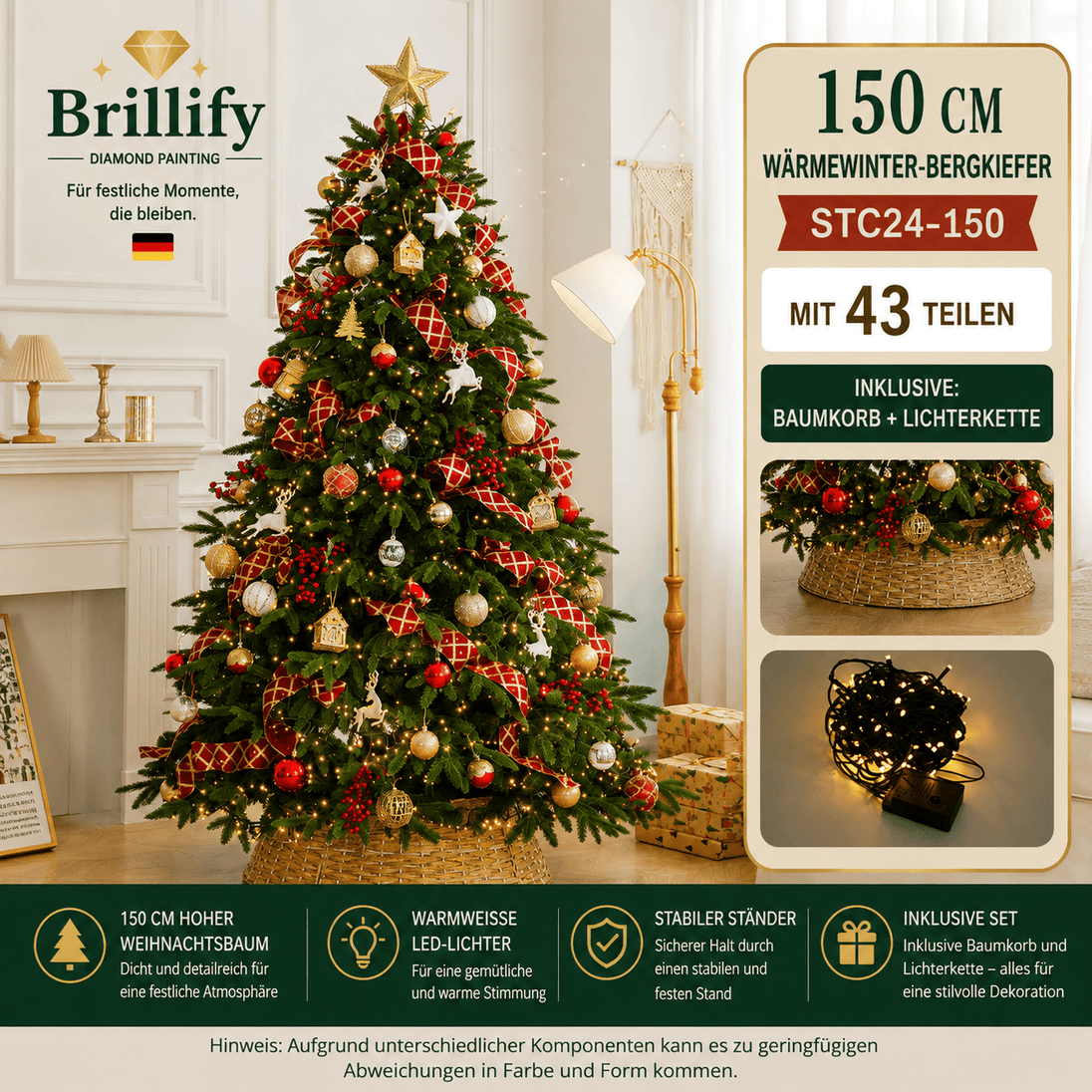 150 cm hoher kuenstlicher Weihnachtsbaum mit klassischer rot-goldener Dekoration und Beleuchtung