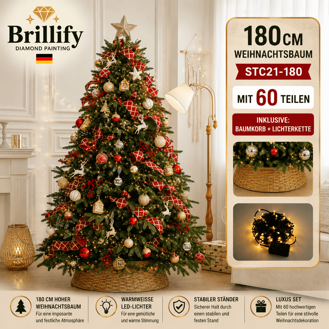 180 cm hoher kuenstlicher Weihnachtsbaum mit roten und goldenen Kugeln, Ornamenten und Beleuchtung