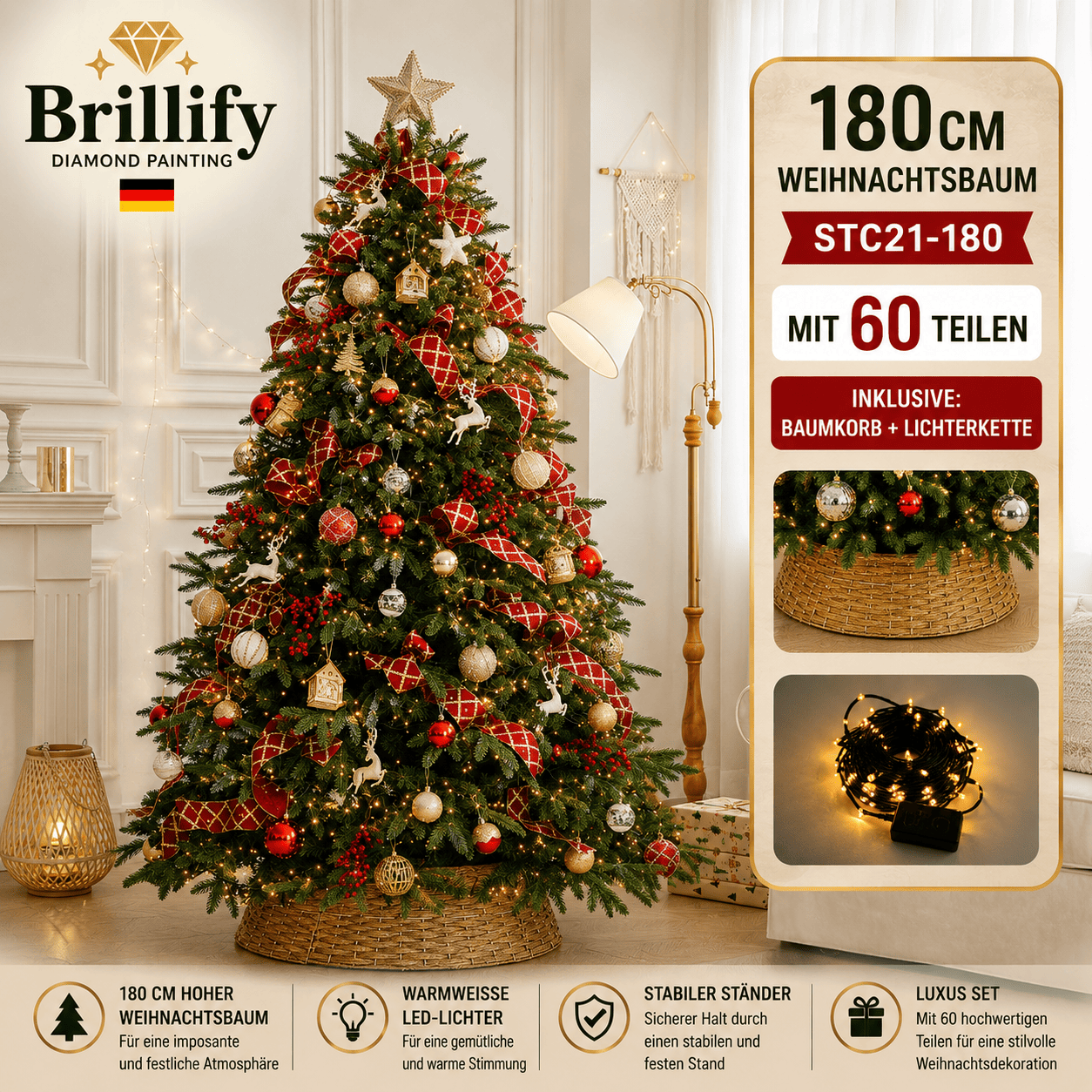 180 cm hoher kuenstlicher Weihnachtsbaum mit roten und goldenen Kugeln, Ornamenten und Beleuchtung