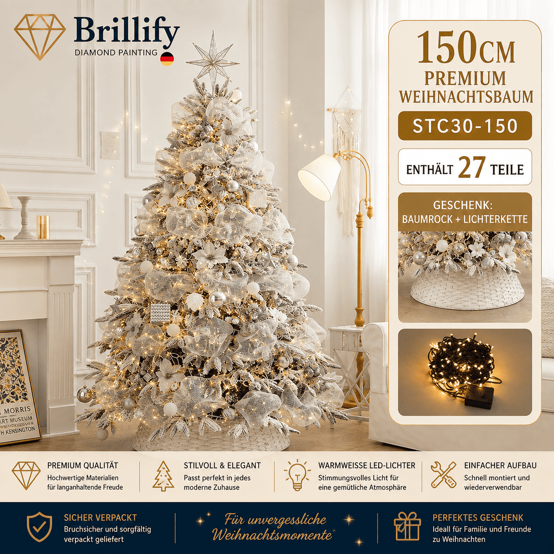 150 cm hoher kuenstlicher Weihnachtsbaum in Creme-Weiss mit Schnee-Effekt, Kugeln und Beleuchtung