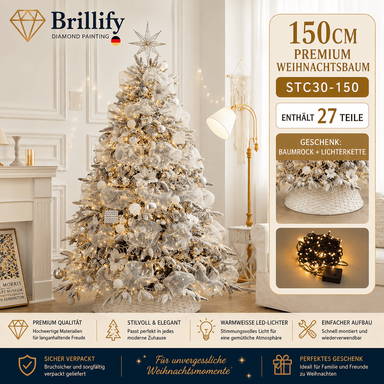 150 cm hoher kuenstlicher Weihnachtsbaum in Creme-Weiss mit Schnee-Effekt, Kugeln und Beleuchtung