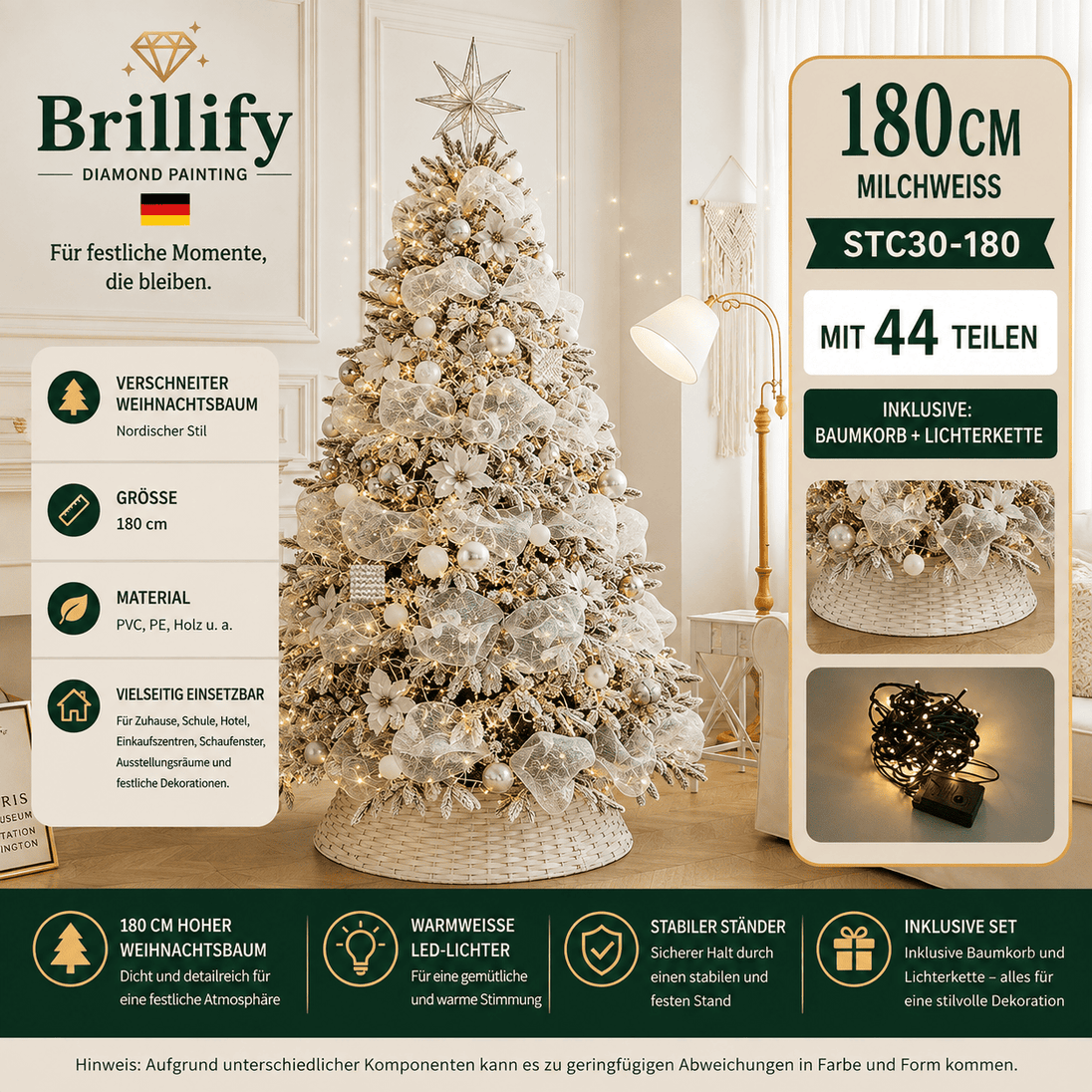 180 cm hoher kuenstlicher Weihnachtsbaum in Creme-Weiss mit winterlichem Schnee-Effekt und Beleuchtung