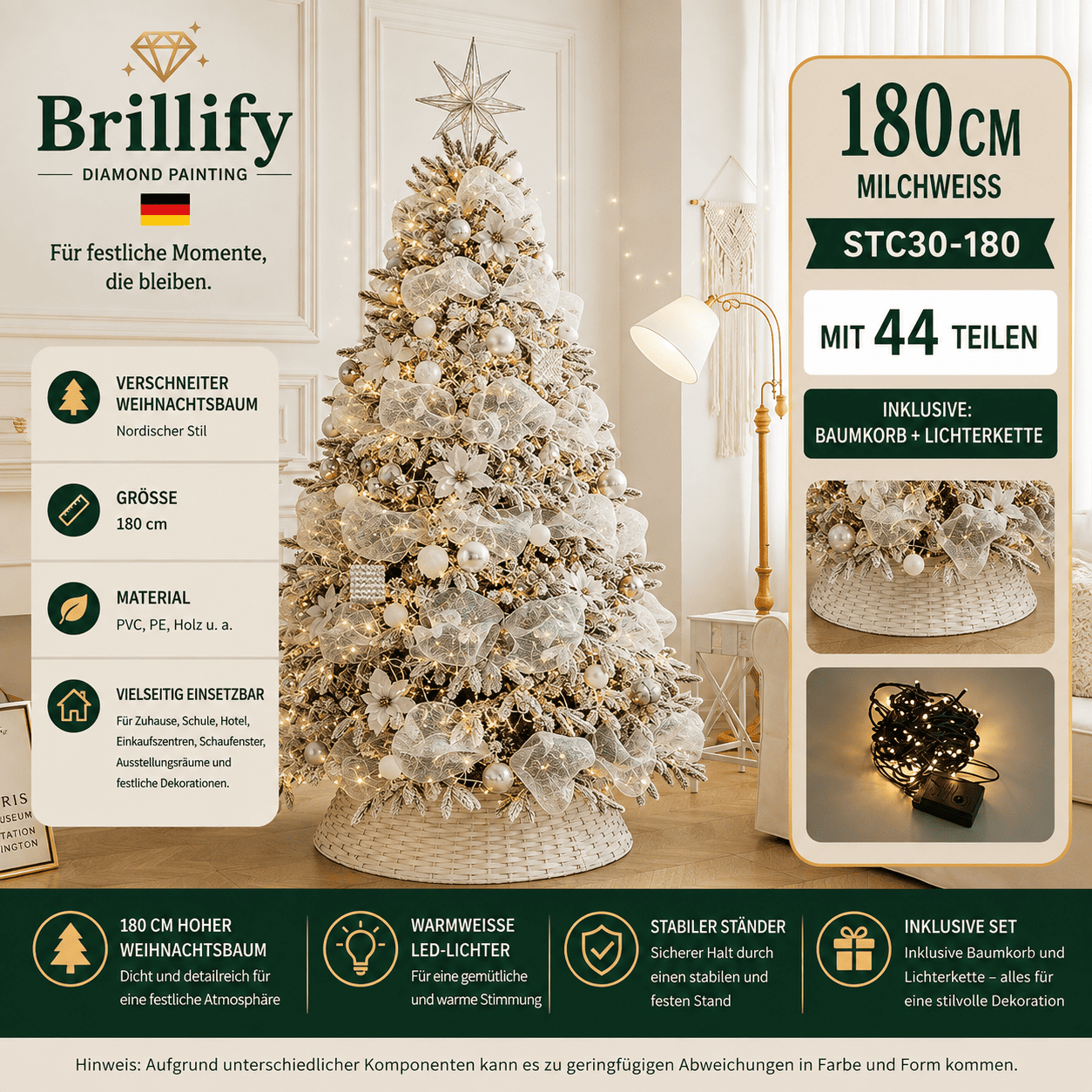 180 cm hoher kuenstlicher Weihnachtsbaum in Creme-Weiss mit winterlichem Schnee-Effekt und Beleuchtung
