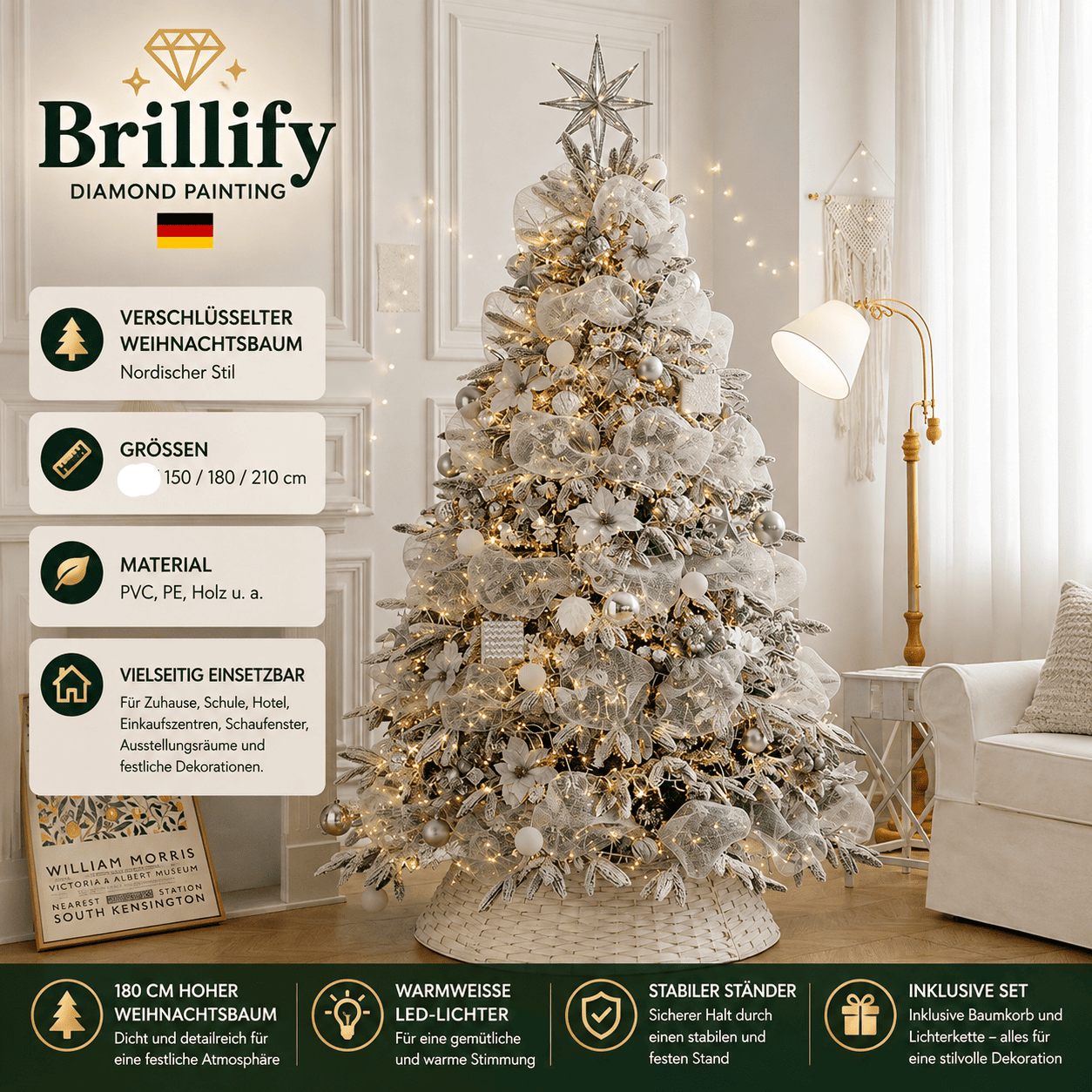 Schneebedeckter kuenstlicher Weihnachtsbaum in Creme-Weiss mit warmen Lichtern und eleganter Weihnachtsdekoration