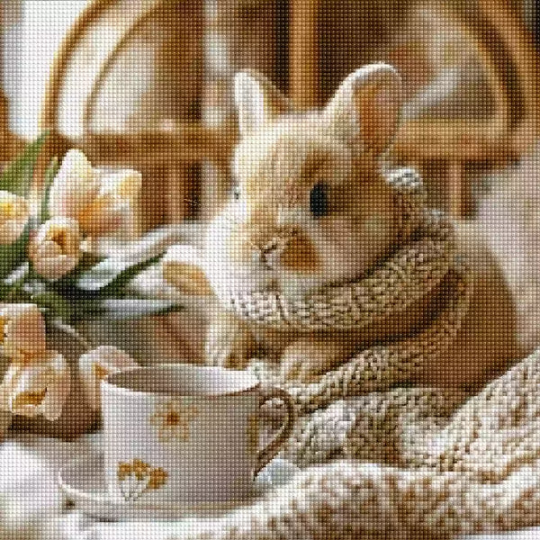 Diamond Painting mit kleinem Hasen, gestricktem Schal, Teetasse, Decke und hellen Tulpen, Mockup, Pixelvorschau