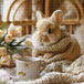 Diamond Painting mit kleinem Hasen, gestricktem Schal, Teetasse, Decke und hellen Tulpen, Mockup, Pixelvorschau