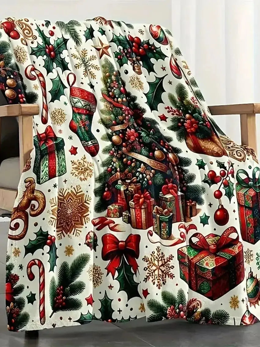 Festliche Weihnachtsdecke mit Tannenbaum, Geschenken und winterlichen Motiven als gemütliche Dekoration für Sofa und Sessel