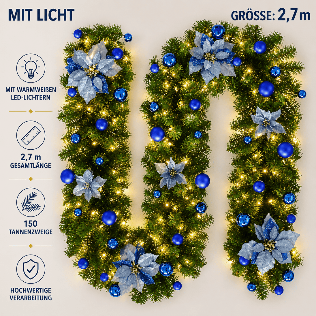270 cm künstliche Weihnachtsgirlande mit blauen Blüten, Kugeln und LED-Beleuchtung für moderne Weihnachtsdekoration