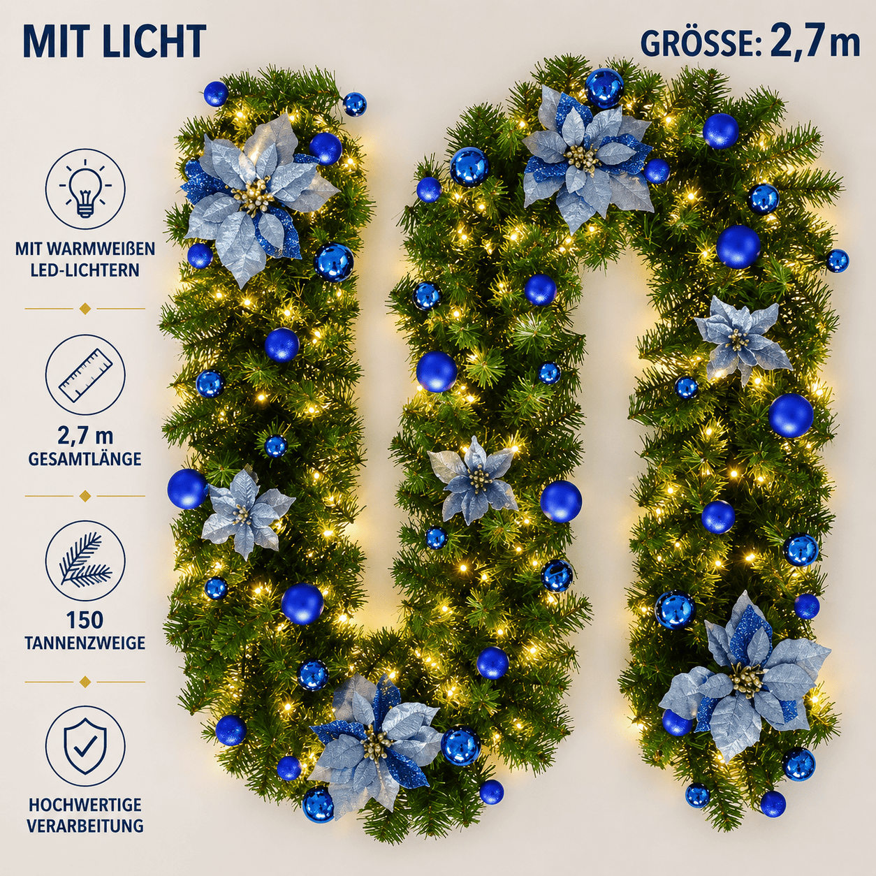 270 cm künstliche Weihnachtsgirlande mit blauen Blüten, Kugeln und LED-Beleuchtung für moderne Weihnachtsdekoration