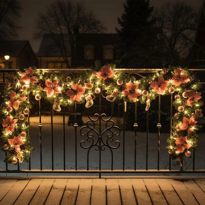 180 cm künstliche Weihnachtsgirlande mit rosa Blüten, Kugeln und LED-Beleuchtung für moderne Weihnachtsdekoration