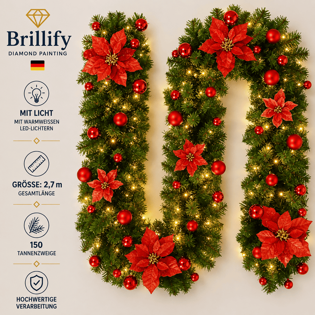270 cm künstliche Weihnachtsgirlande in Rot mit LED-Beleuchtung, roten Weihnachtsblüten und Kugeln