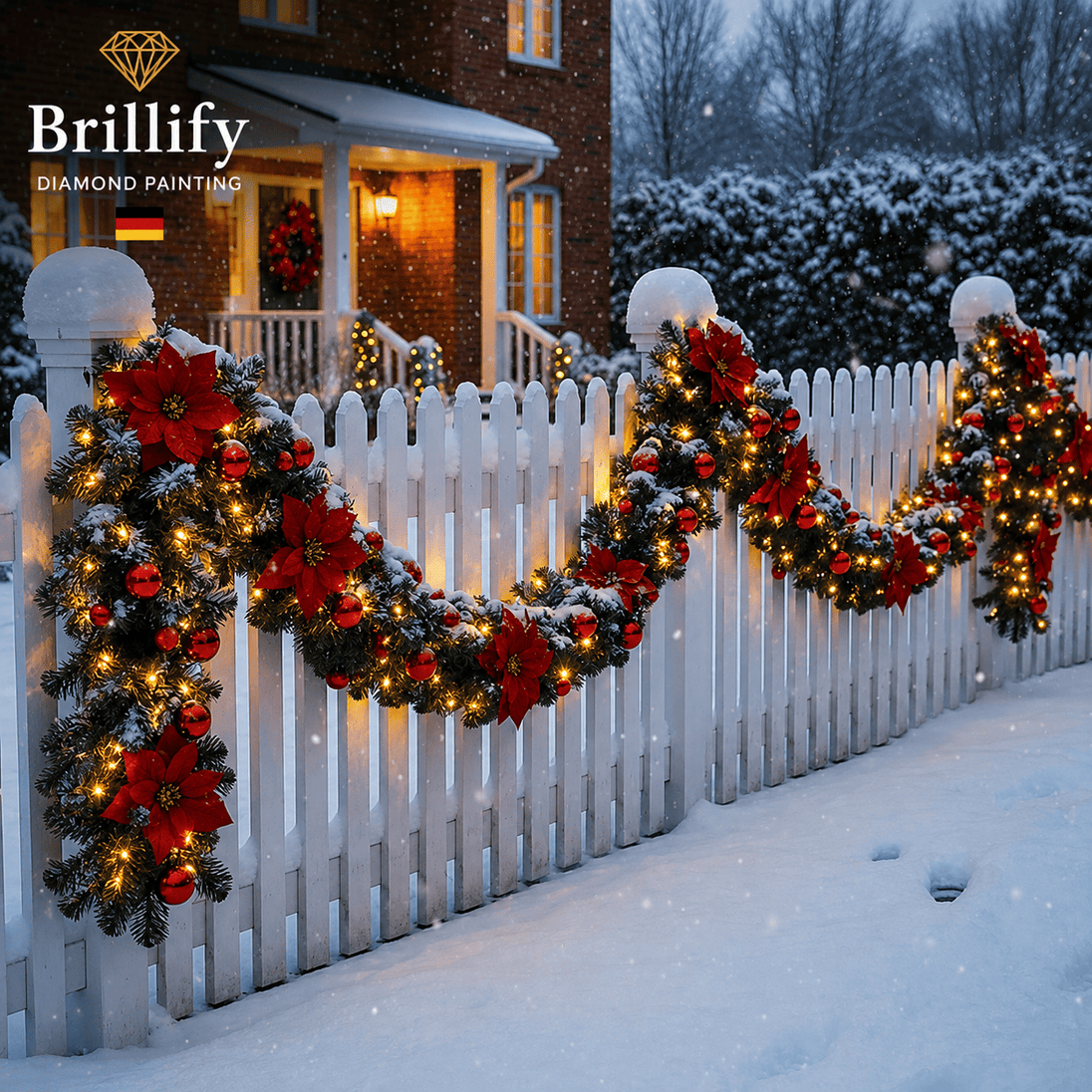270 cm Weihnachtsgirlande in Rot mit LED-Beleuchtung und Weihnachtsblumen als festliche Dekoration am Gartenzaun