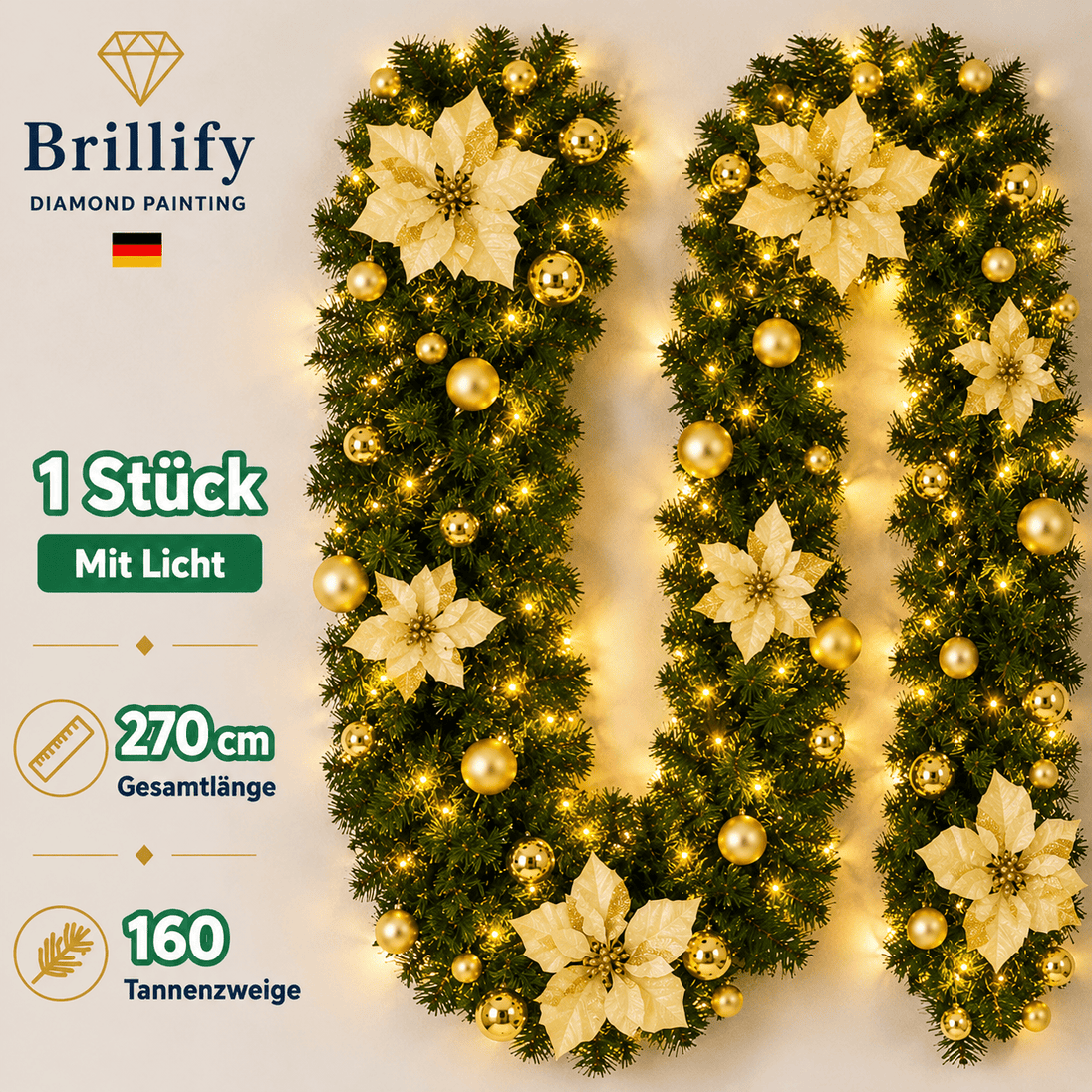 270 cm künstliche Weihnachtsgirlande mit weißen Blüten und LED-Beleuchtung für festliche Weihnachtsdekoration